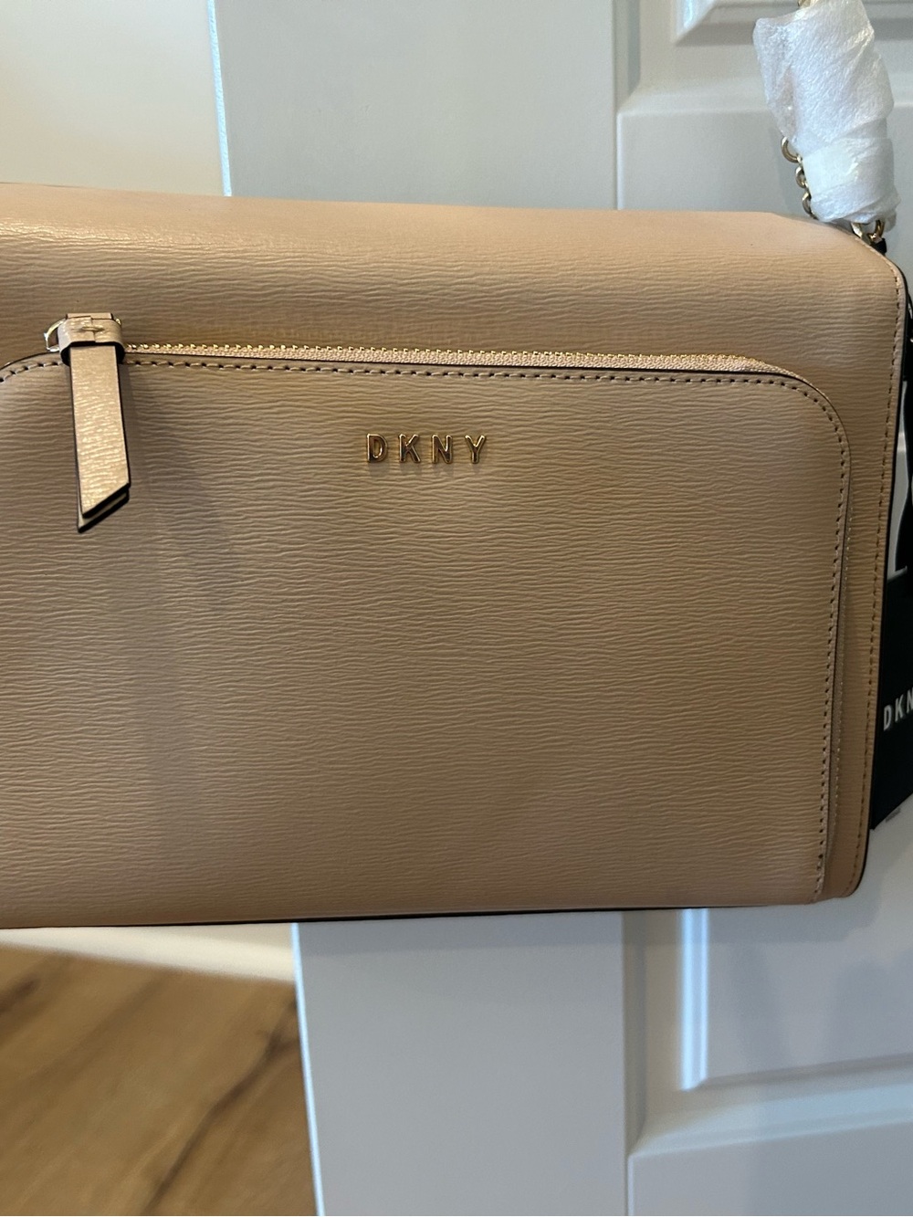 DKNY Nude Beige Leather Shoulder Bag with Gold Hardware